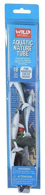 Aquatic nature tube packaging with shark model on a blue background