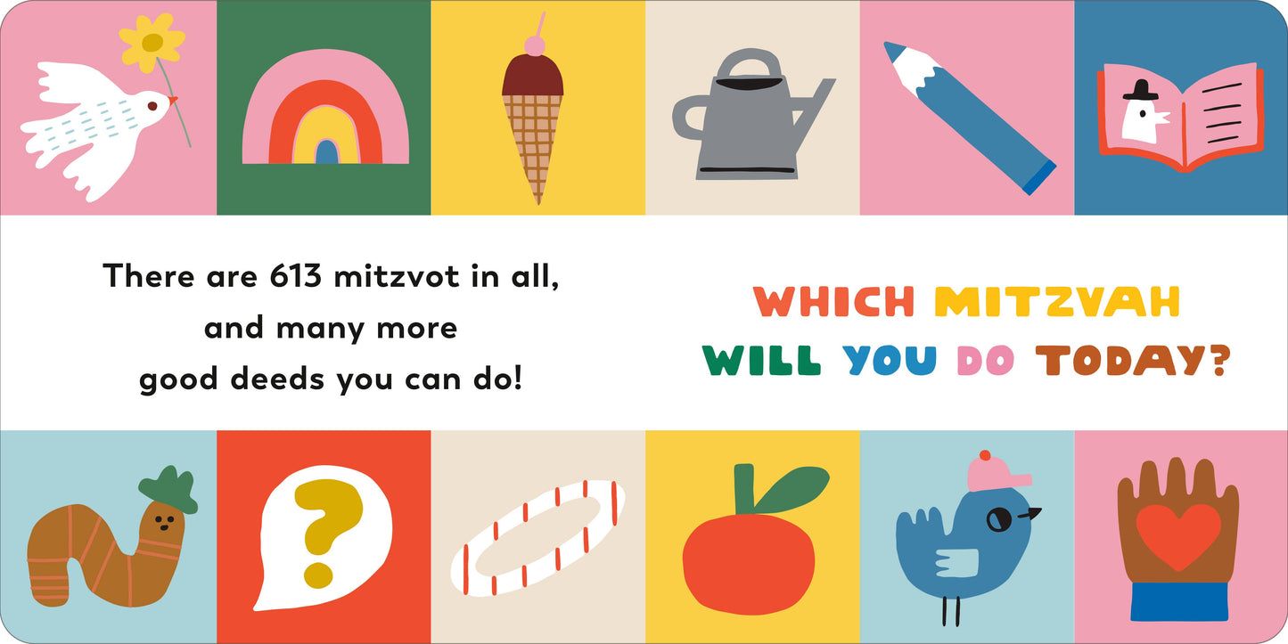 Children's book cover with colorful illustrations and text about mitzvot.