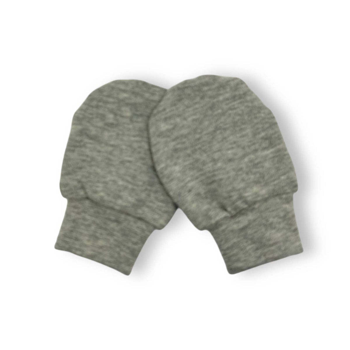 A pair of gray organic cotton no scratch mittens with a snug fit designed for newborns.