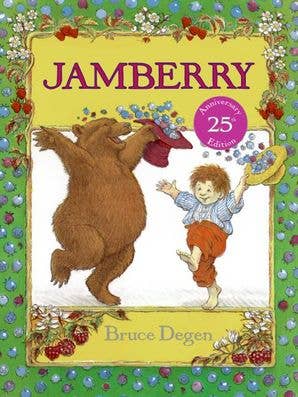 Book cover of 'Jamberry' with a bear and child illustration, decorated with flowers and berries.