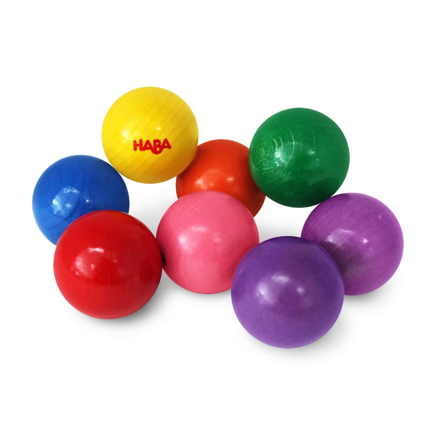 A collection of colorful wooden beads in various colors including yellow, red, blue, pink, green, and purple, connected by an elastic band, designed as a baby clutching toy.