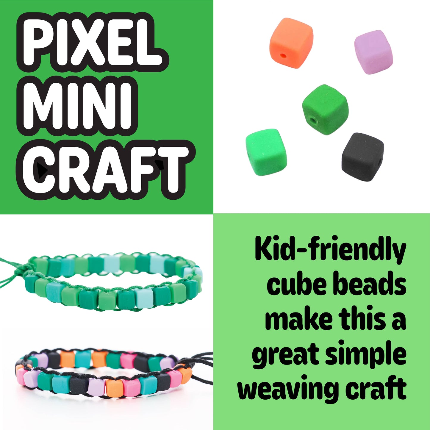 Pixel mini craft with colorful cube beads and woven bracelets on a green background