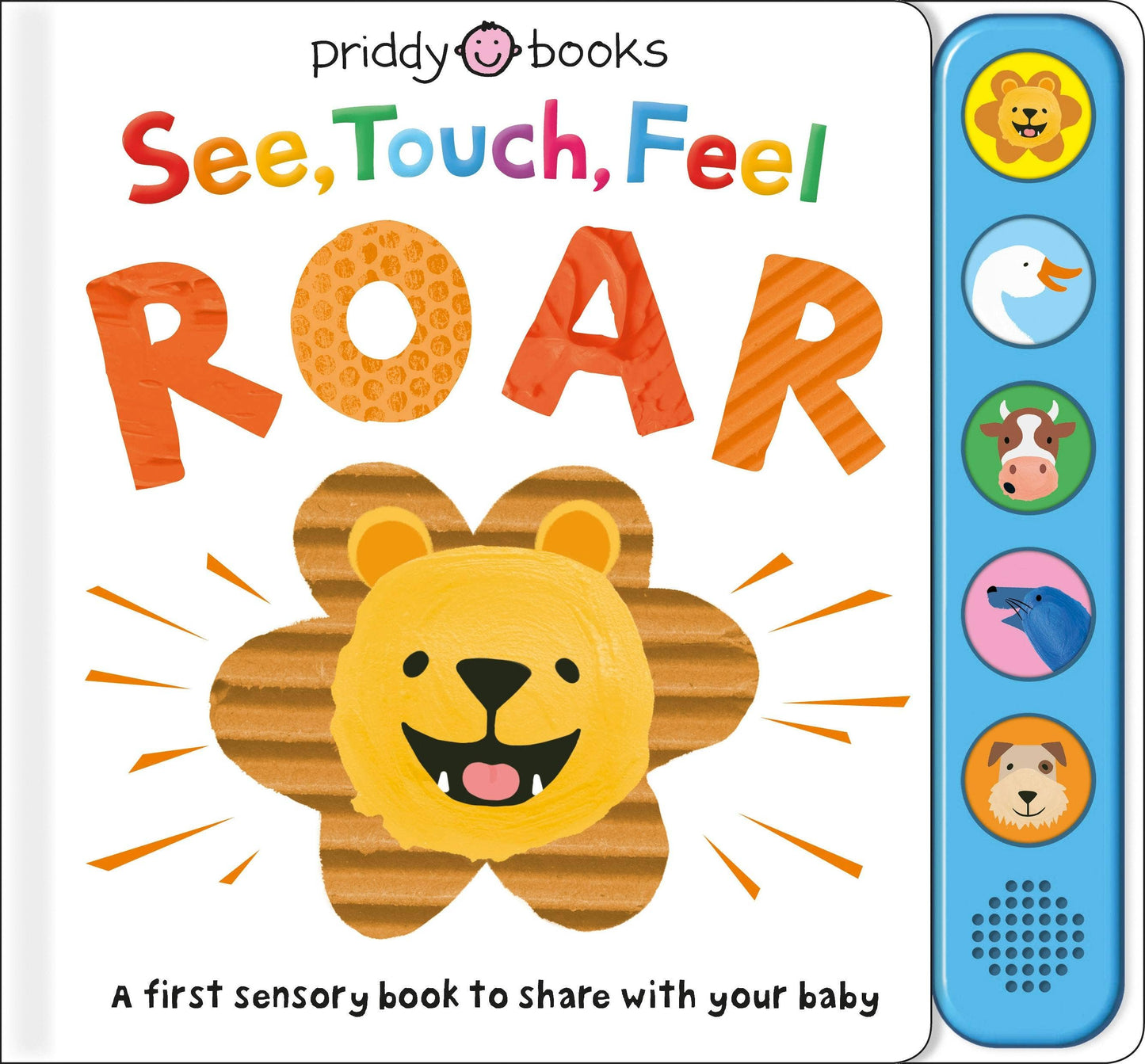 Children's book titled 'See, Touch, Feel ROAR' by Priddy Books with a lion illustration and interactive elements.