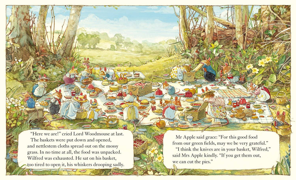 Illustration of a picnic scene with animals and text in a natural setting