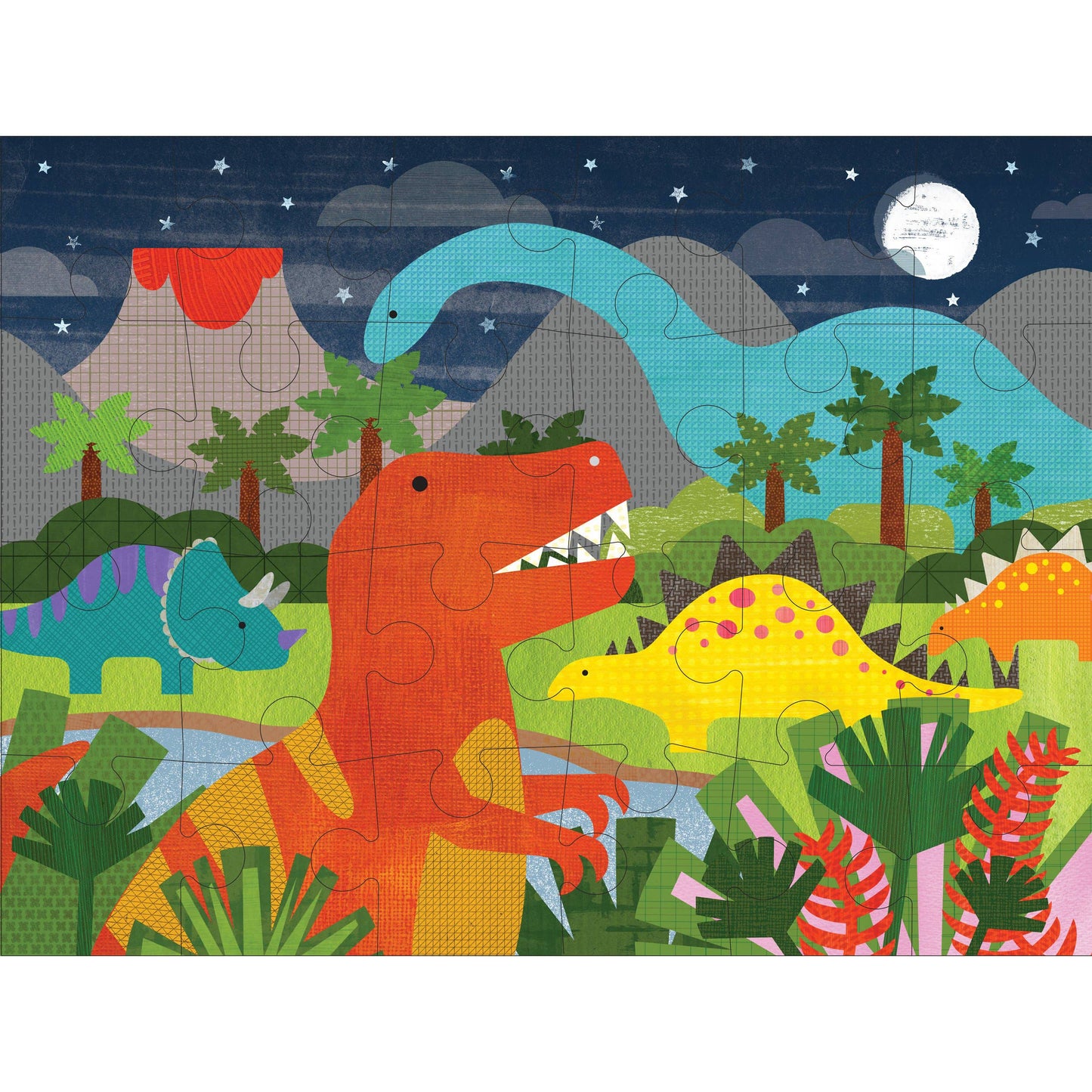 Children's dinosaur puzzle with colorful dinosaurs and a night sky background