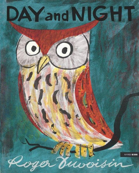 Book cover of 'Day and Night' by Roger Duvoisin featuring a colorful owl illustration.