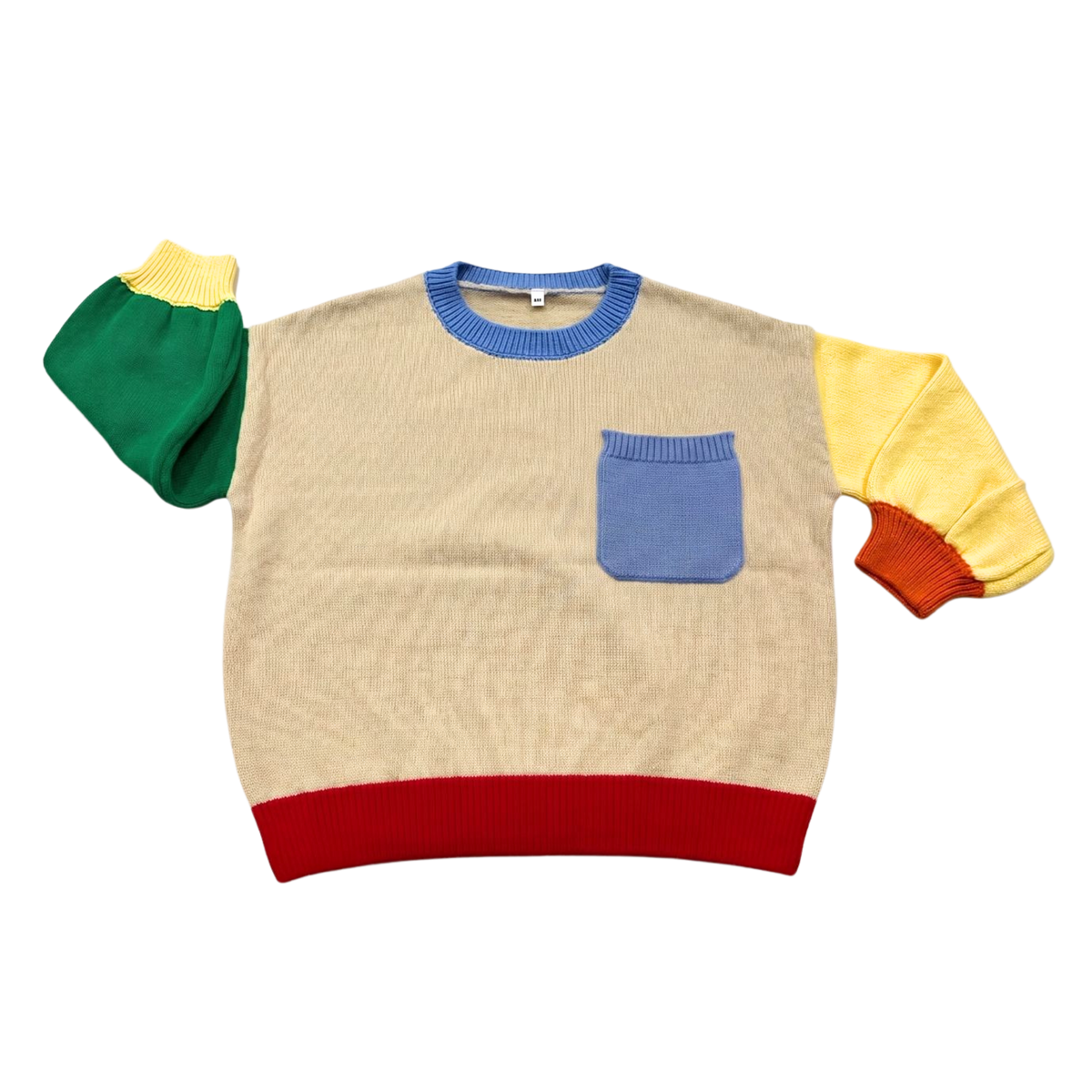 A color-blocked knit sweater with a beige body, blue collar and chest pocket, green and yellow sleeves, and red cuffs and hem, shown flat on a white background.