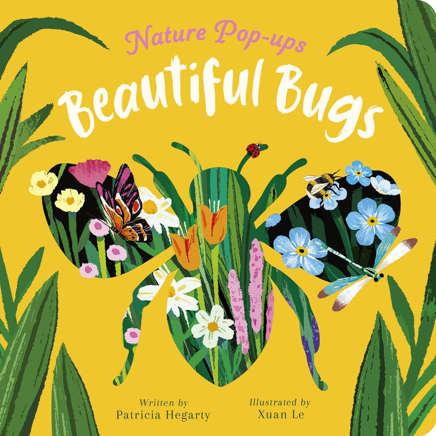 Book cover of 'Beautiful Bugs' with illustrations of insects and flowers on a yellow background.