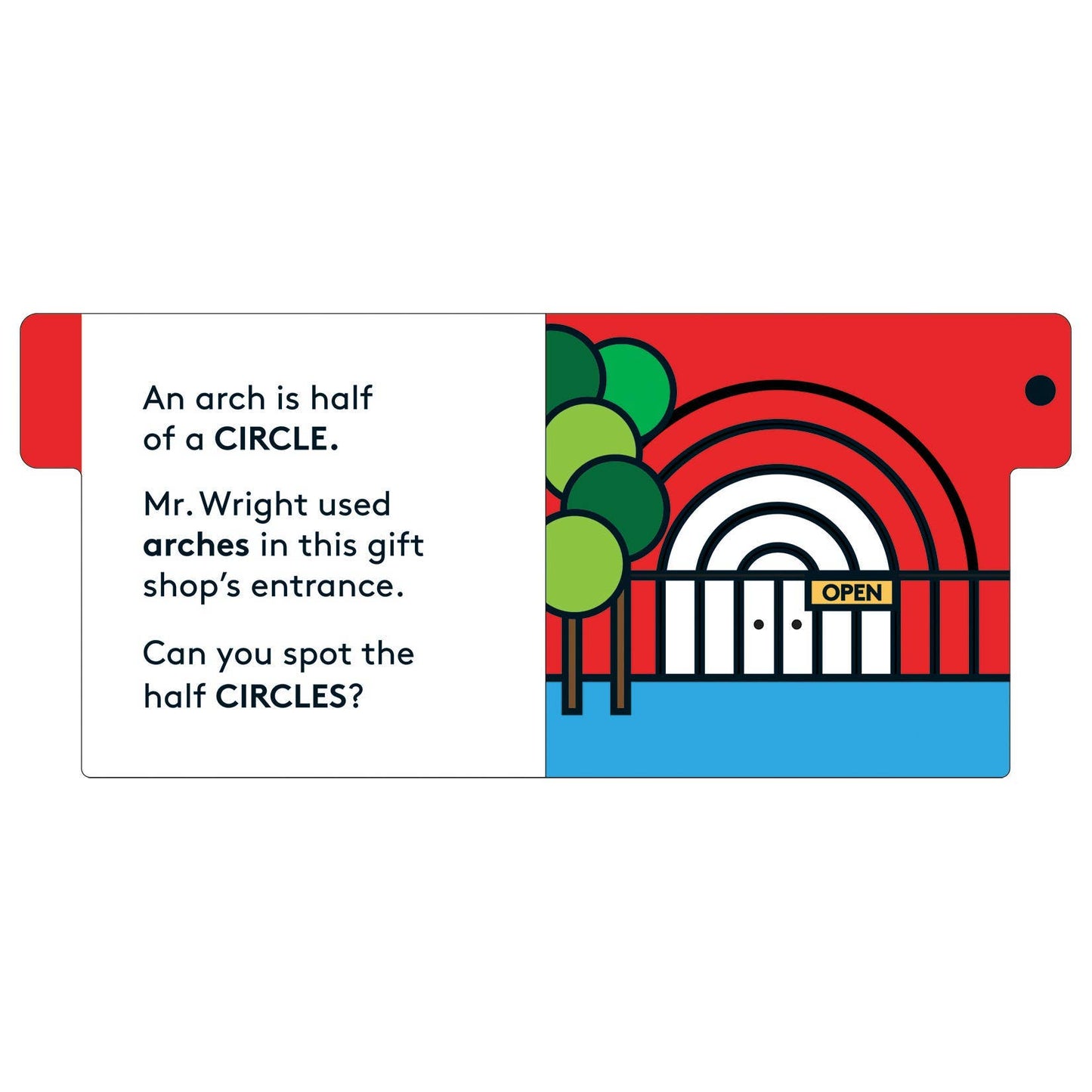 Educational illustration with text about arches and a gift shop entrance.