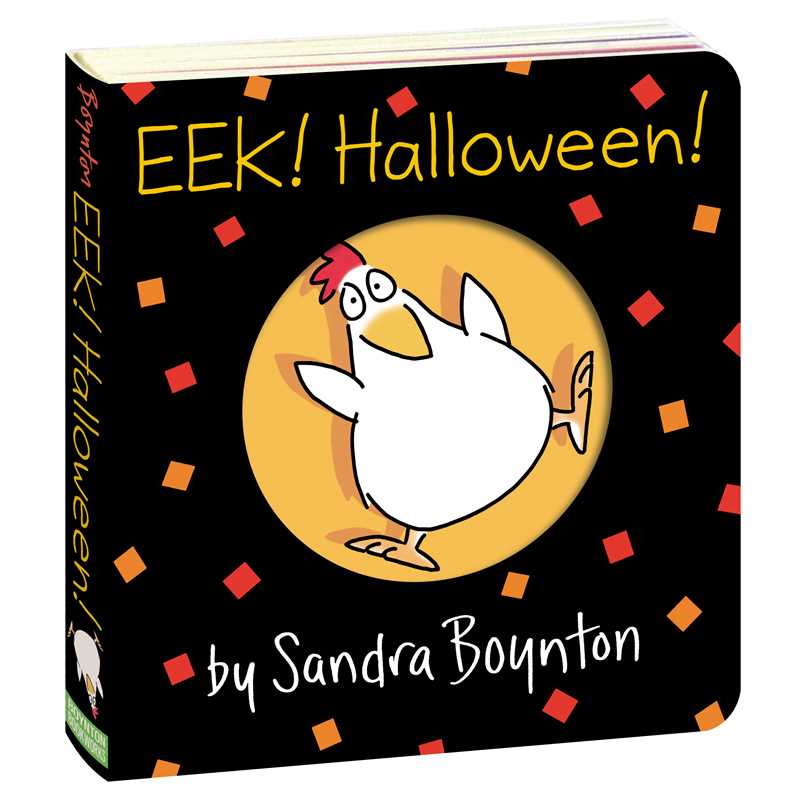 Cover of Eek! Halloween with a chicken in the center of a black book with orange and red squares scattered across the cover.