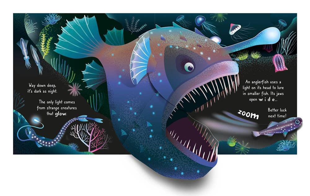 Illustration of a deep-sea anglerfish with a dark, underwater background