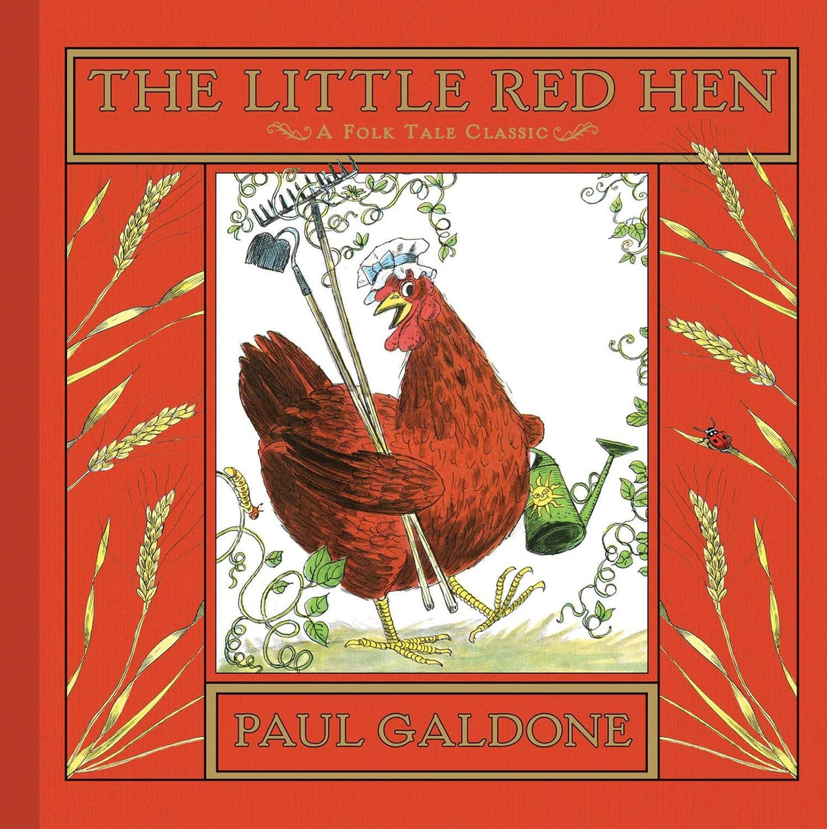 Book cover of 'The Little Red Hen' with a red background and illustration of a hen holding gardening tools.