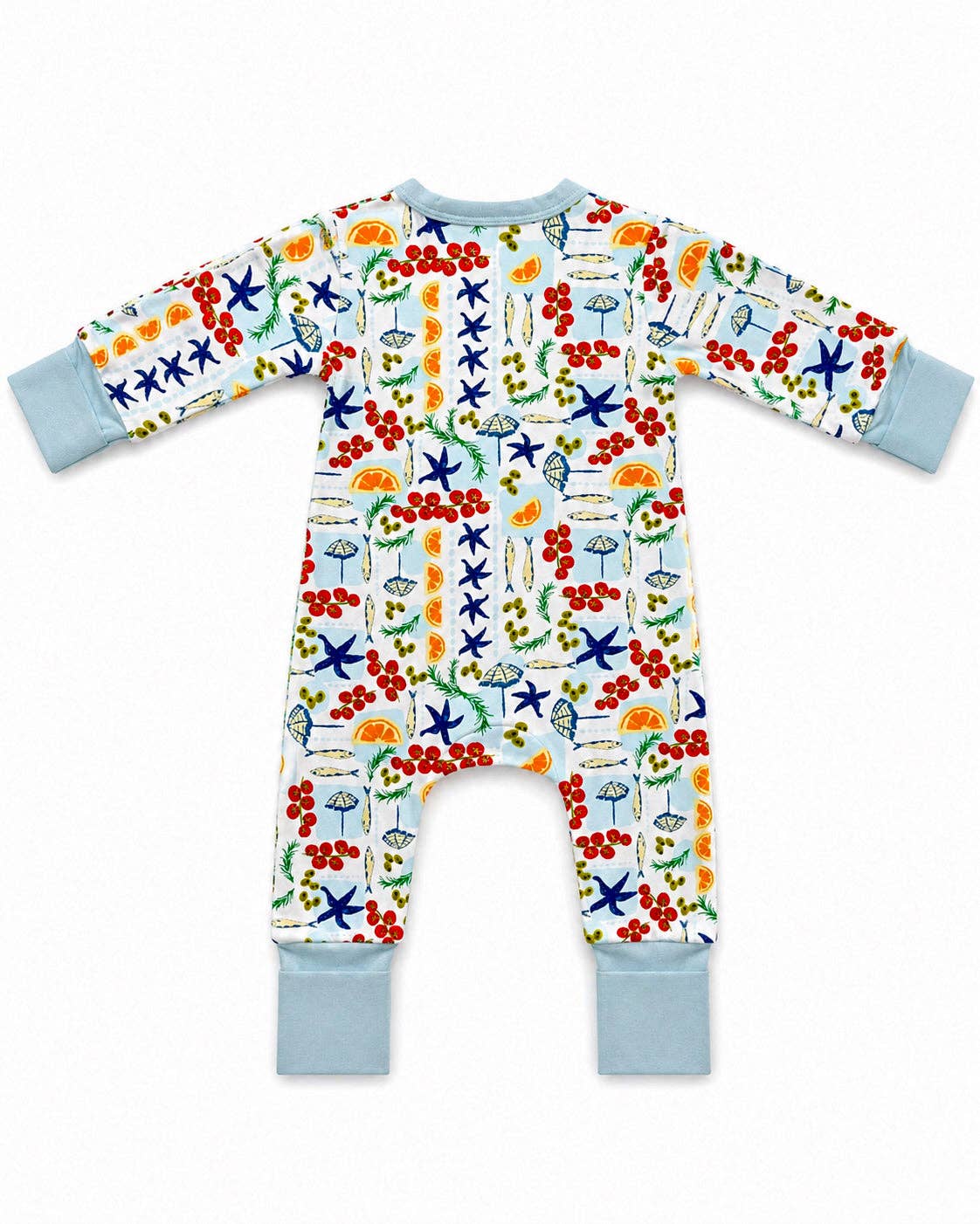 Children's pajama with colorful sea-themed pattern on a white background