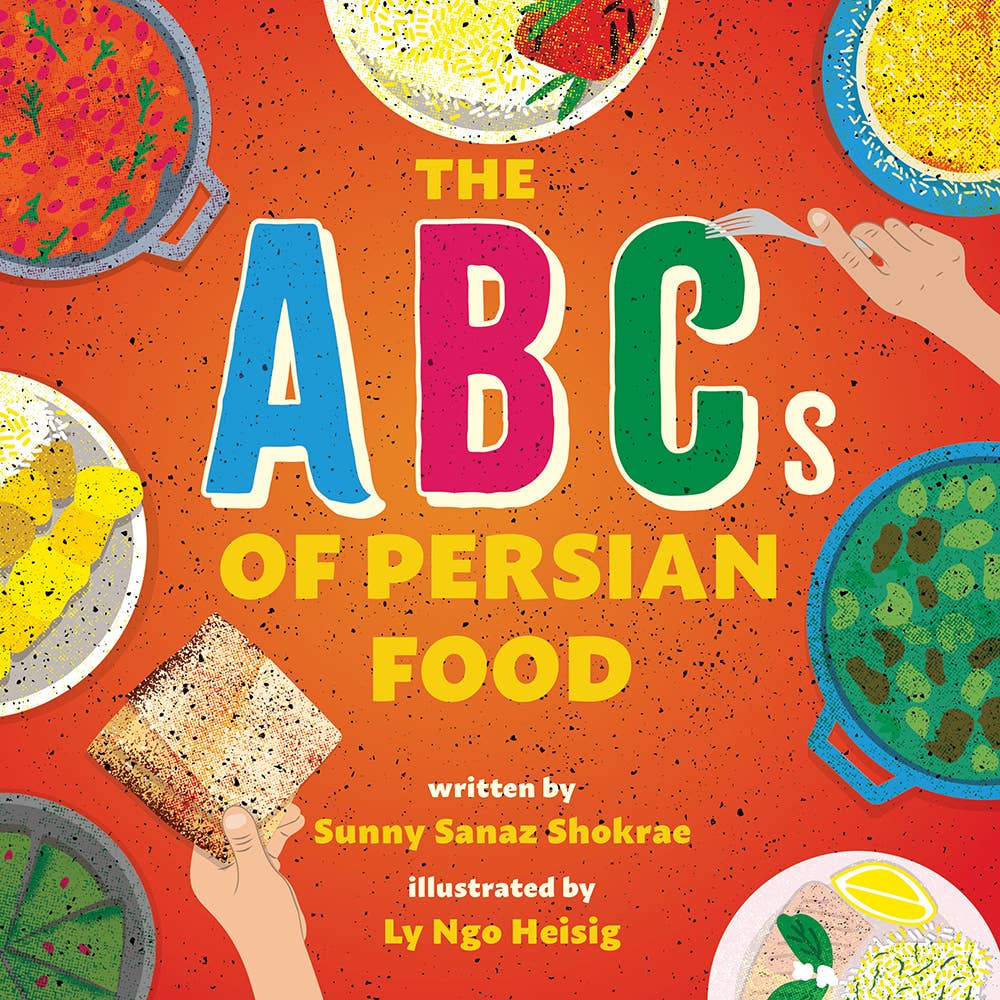 Book cover of 'The ABCs of Persian Food' with colorful illustrations of food and hands holding utensils on a red background.