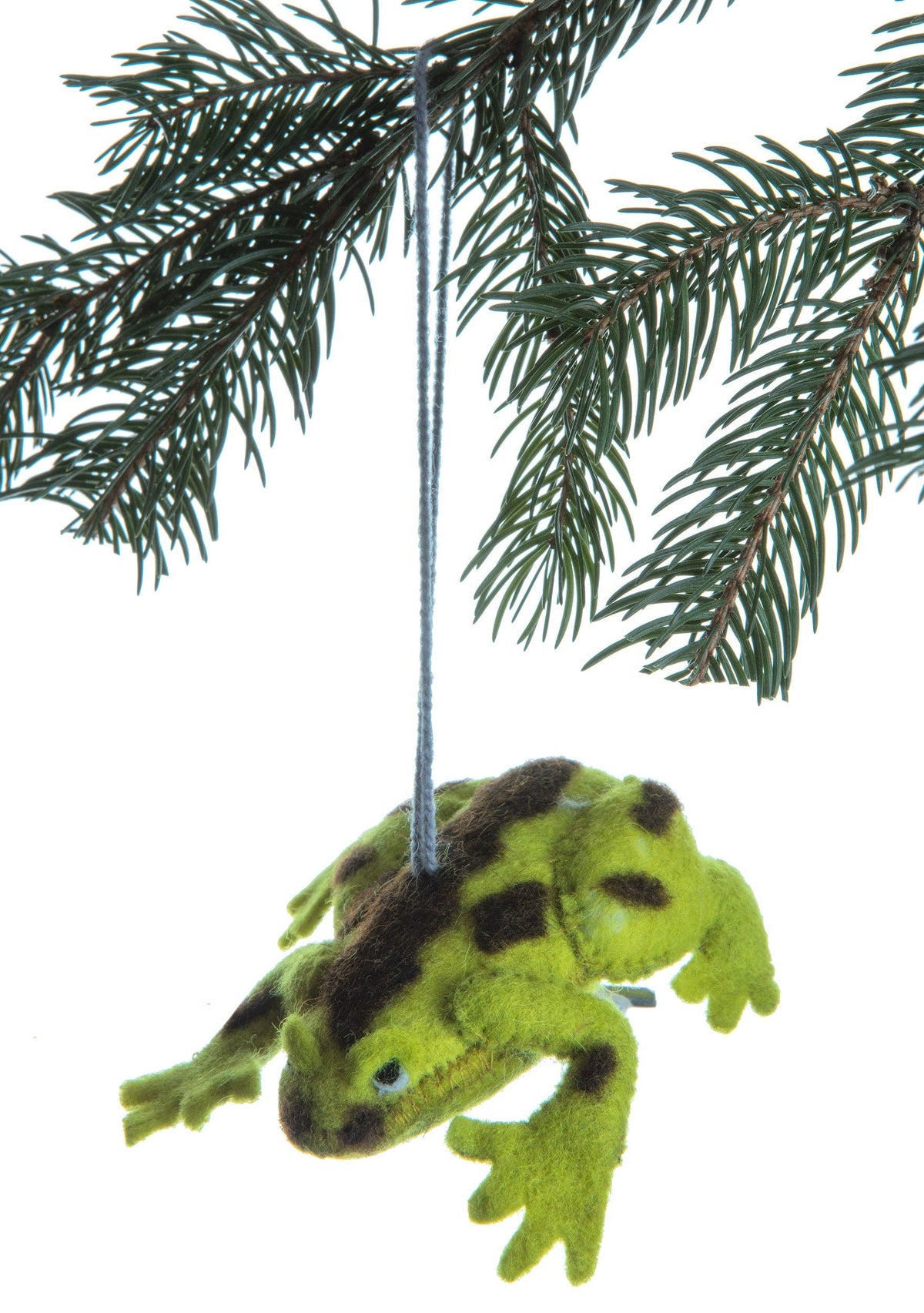 A plush green frog Christmas ornament with dark brown spots, hanging from a string beneath artificial pine tree branches against a white background.