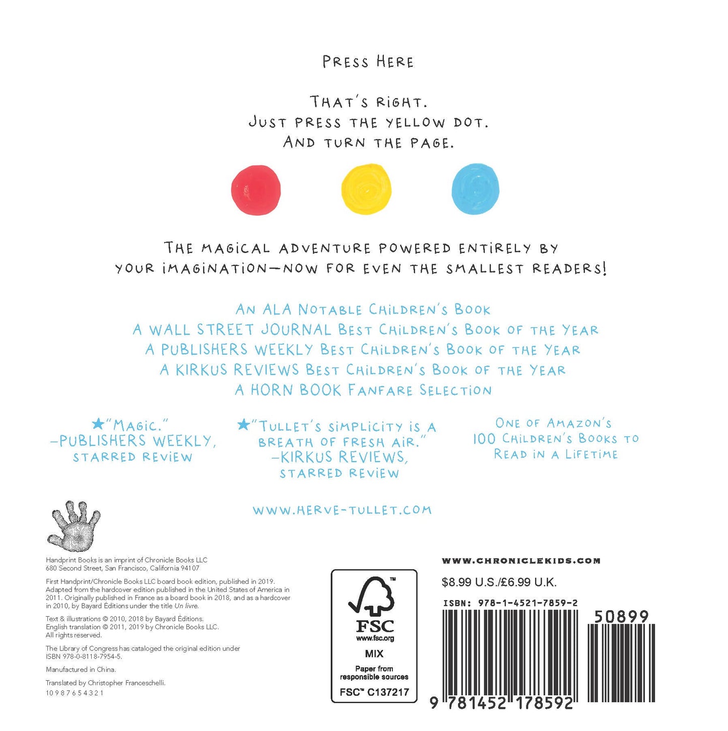 Back cover of a children's book with text and colorful dots.