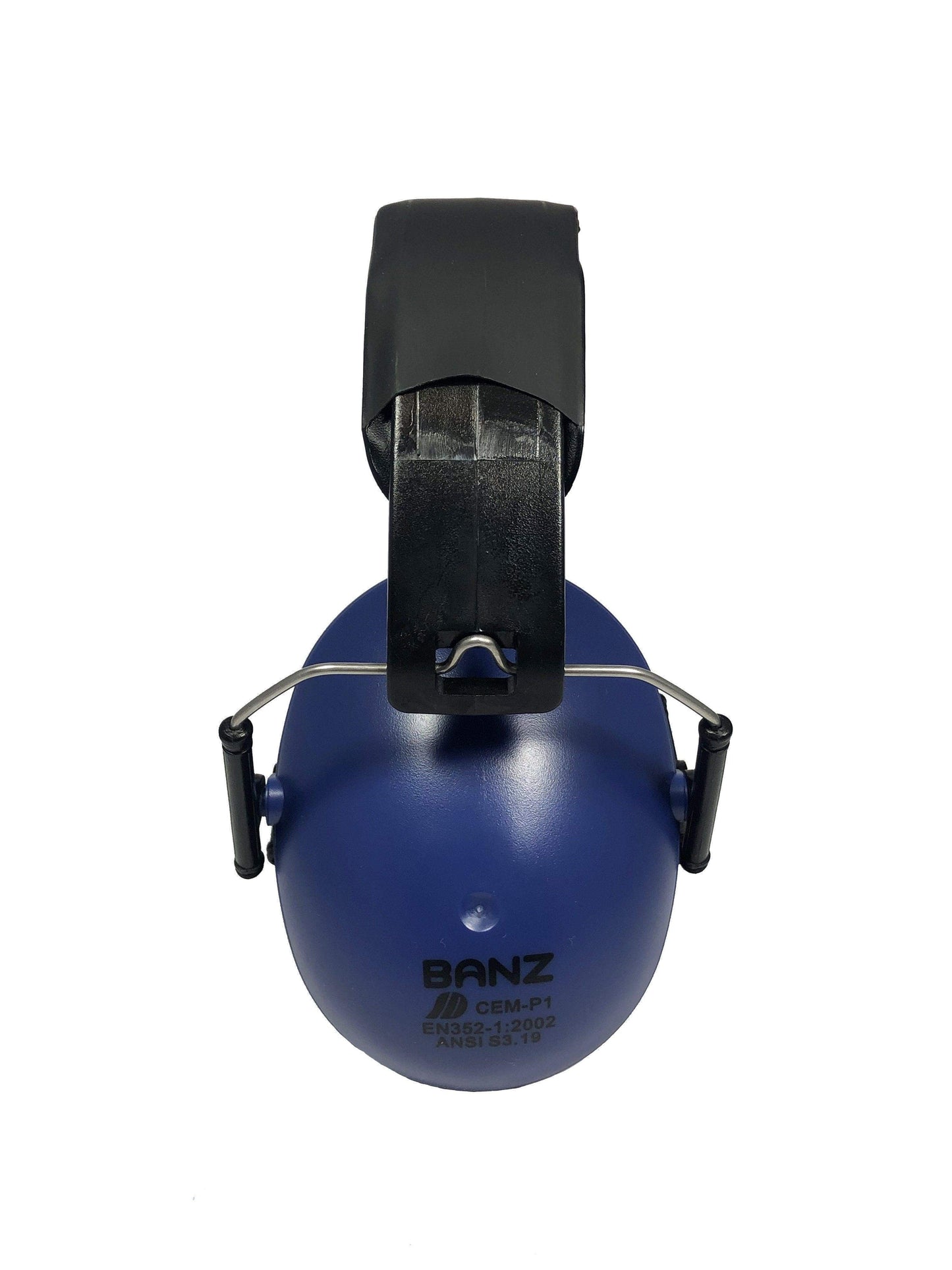 Blue ear defender with black clip on a white background