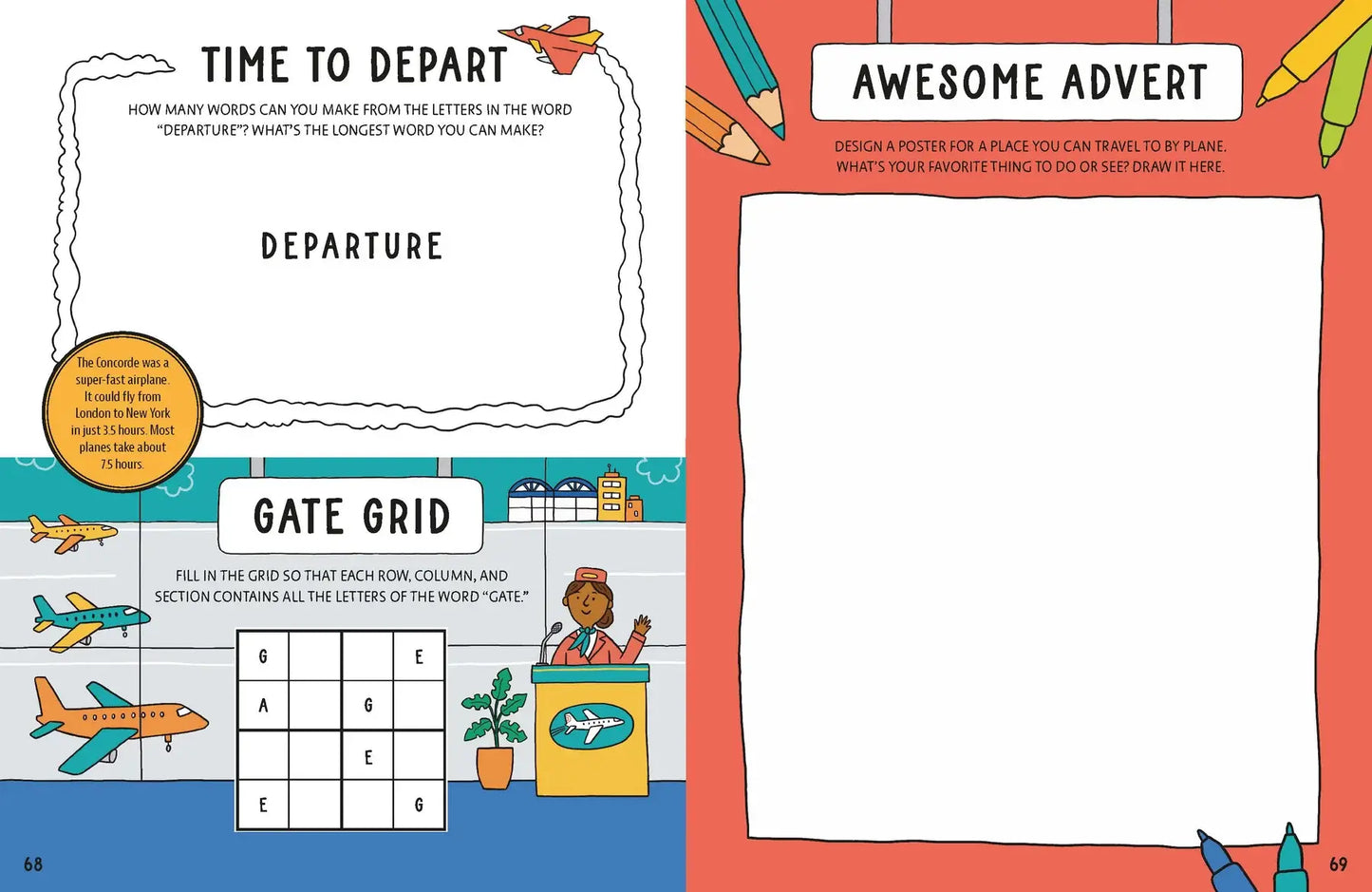 Educational page from a book with activities and illustrations, including a crossword puzzle and drawing space.