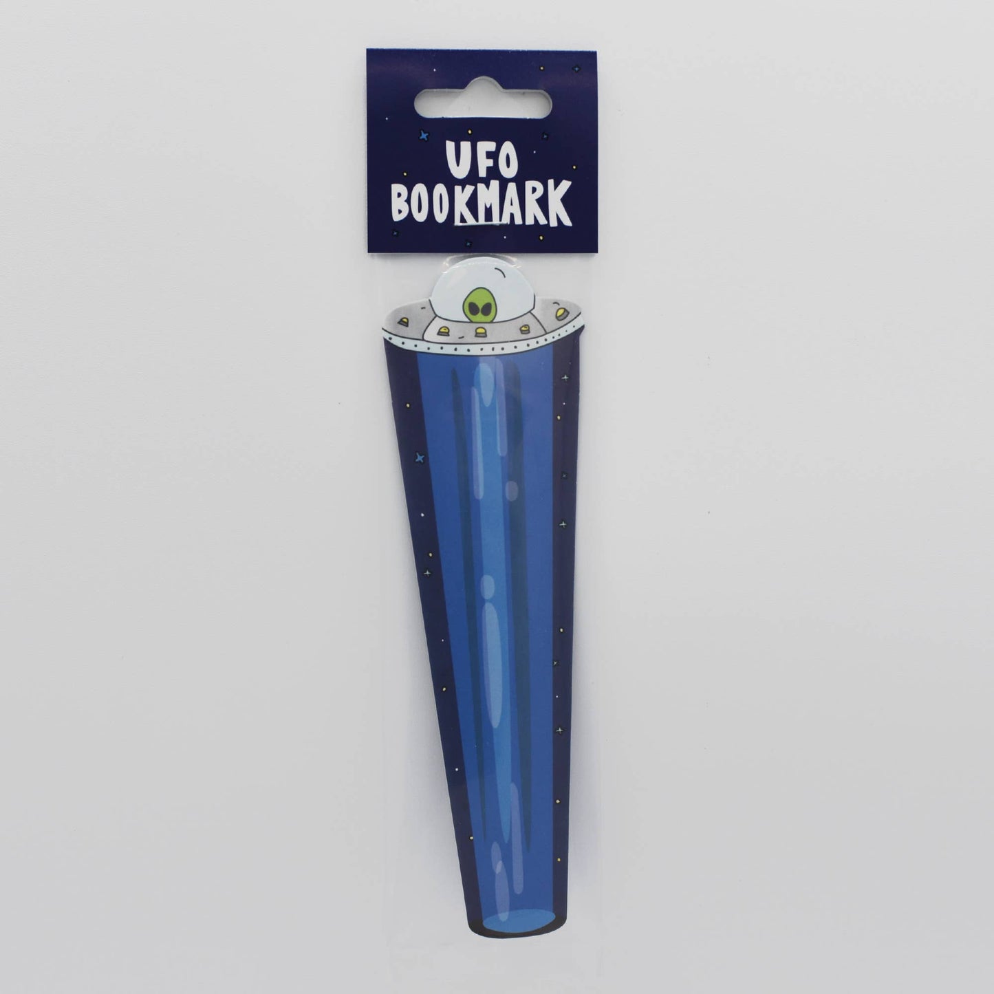 UFO-shaped bookmark with a green alien face on a gray background