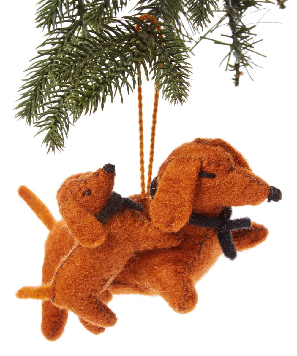A felt Christmas ornament shaped like two brown dachshund dogs wearing black scarves, hanging from a pine branch against a white background.