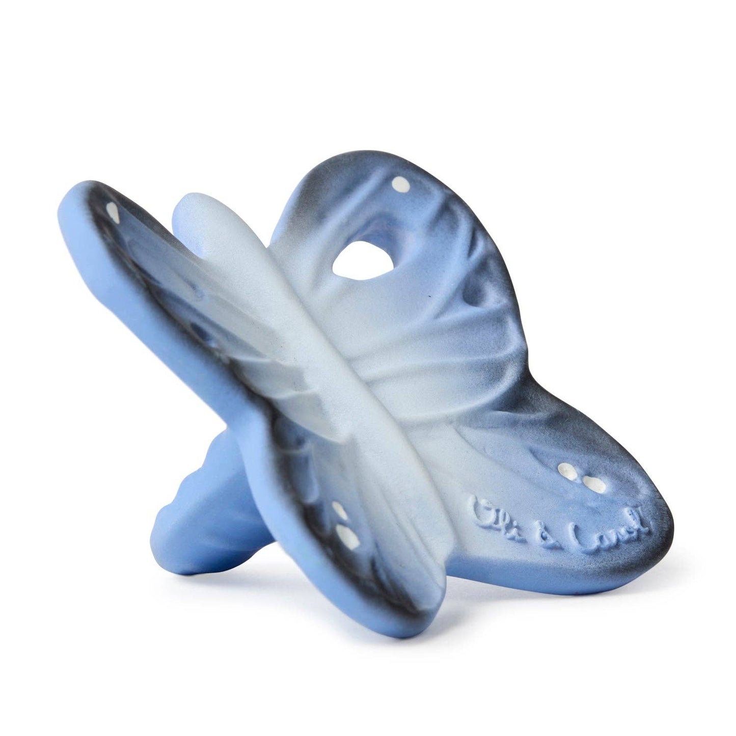Blue silicone butterfly teether on a white background