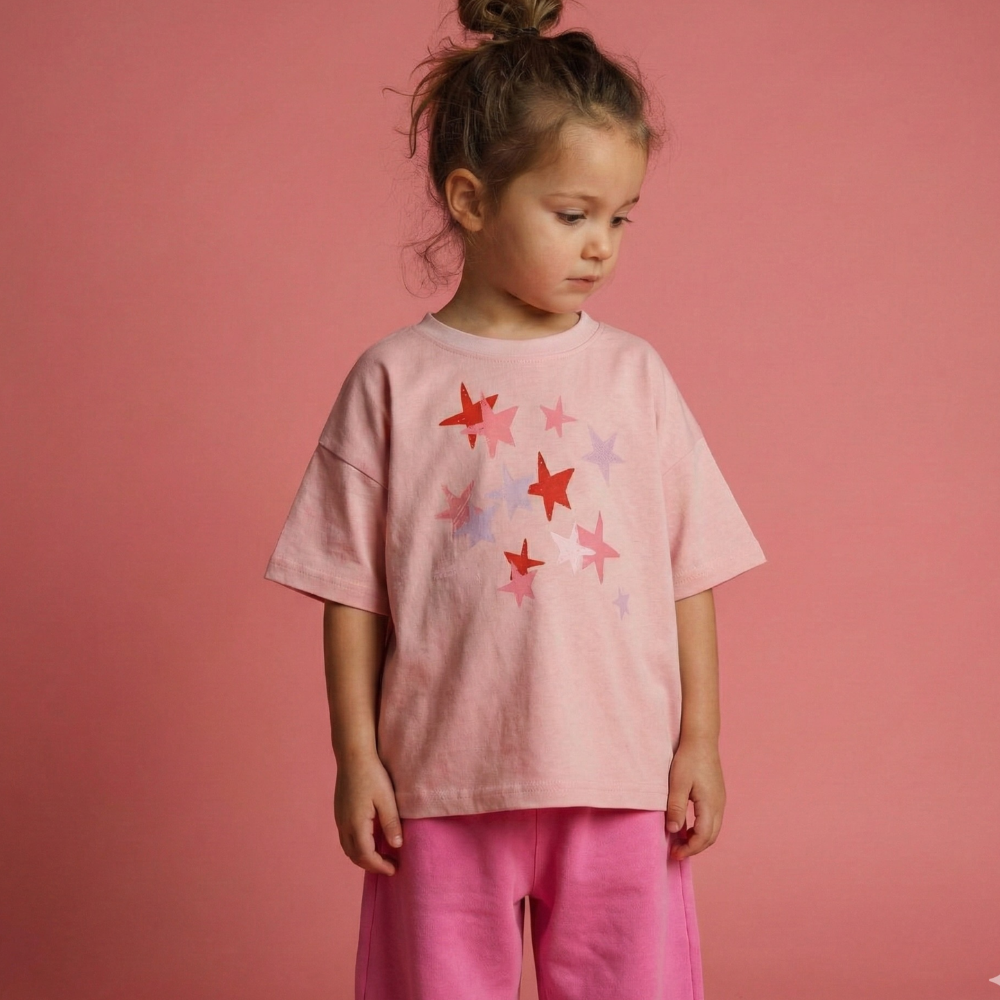 Young girl wearing a pink t-shirt with star patterns on a pink background