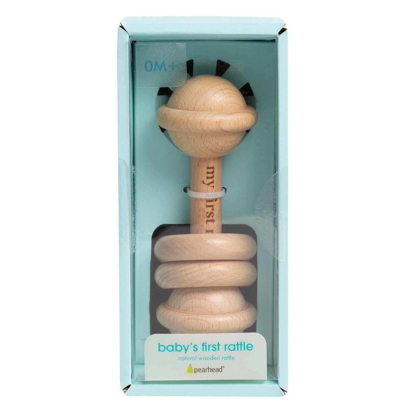 Wooden baby rattle in a clear box with 'pearhead' branding on a white background