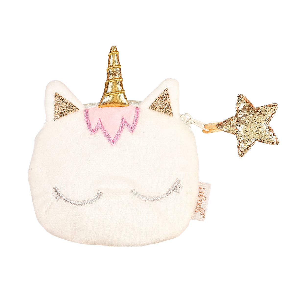 Unicorn-shaped coin purse with gold horn and star on a white background