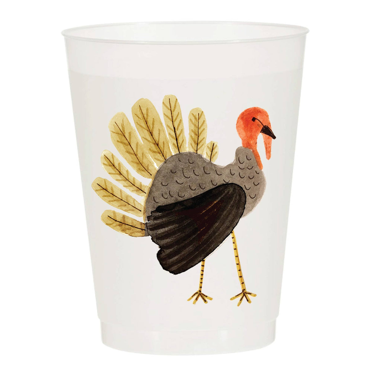 Clear plastic cup with a turkey design on a white background