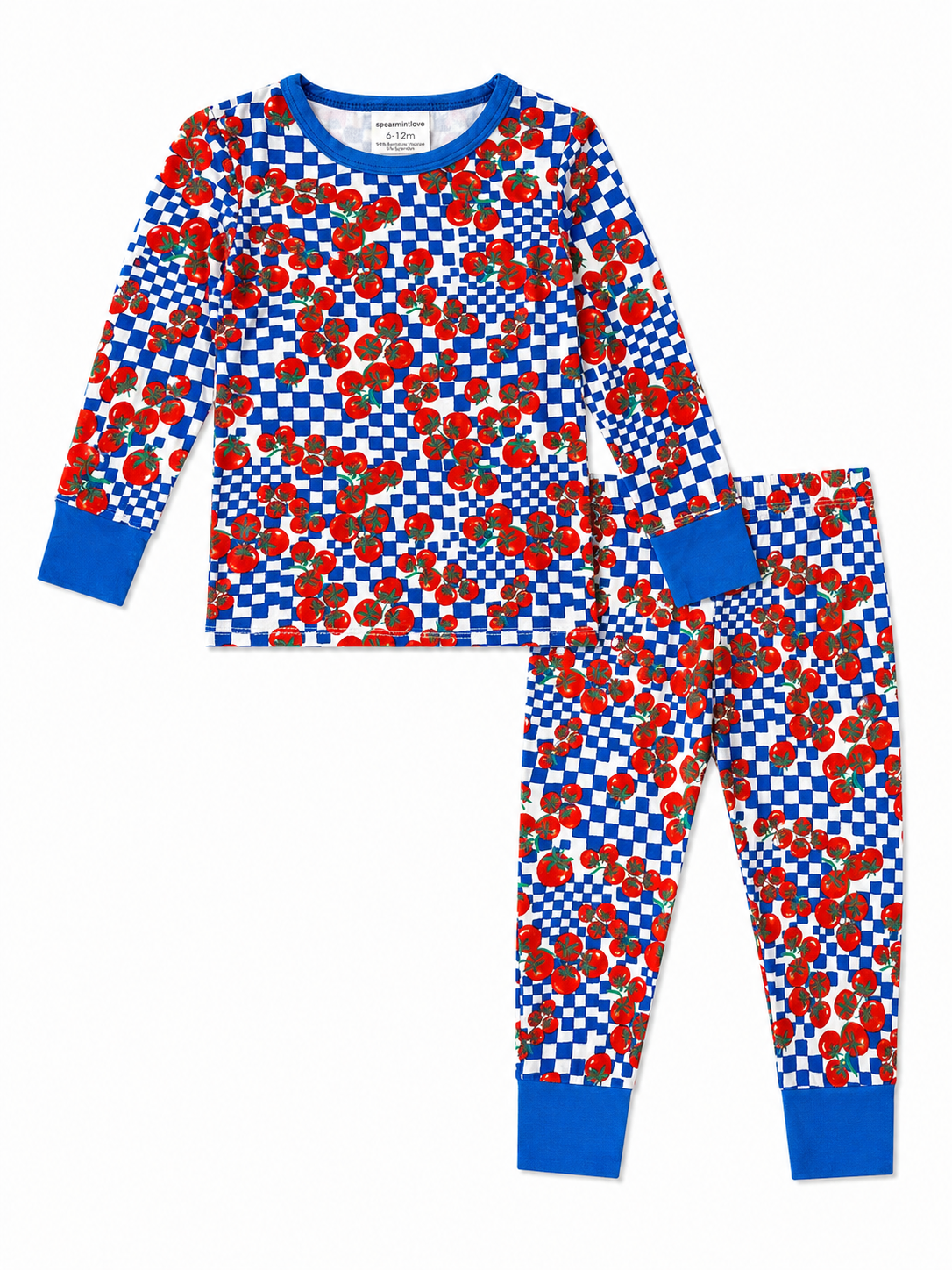 Children's pajama set with red and blue tomato checkerboard pattern on a white background