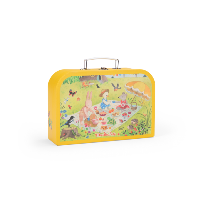 Yellow children's suitcase with a colorful design of animals and nature on a white background