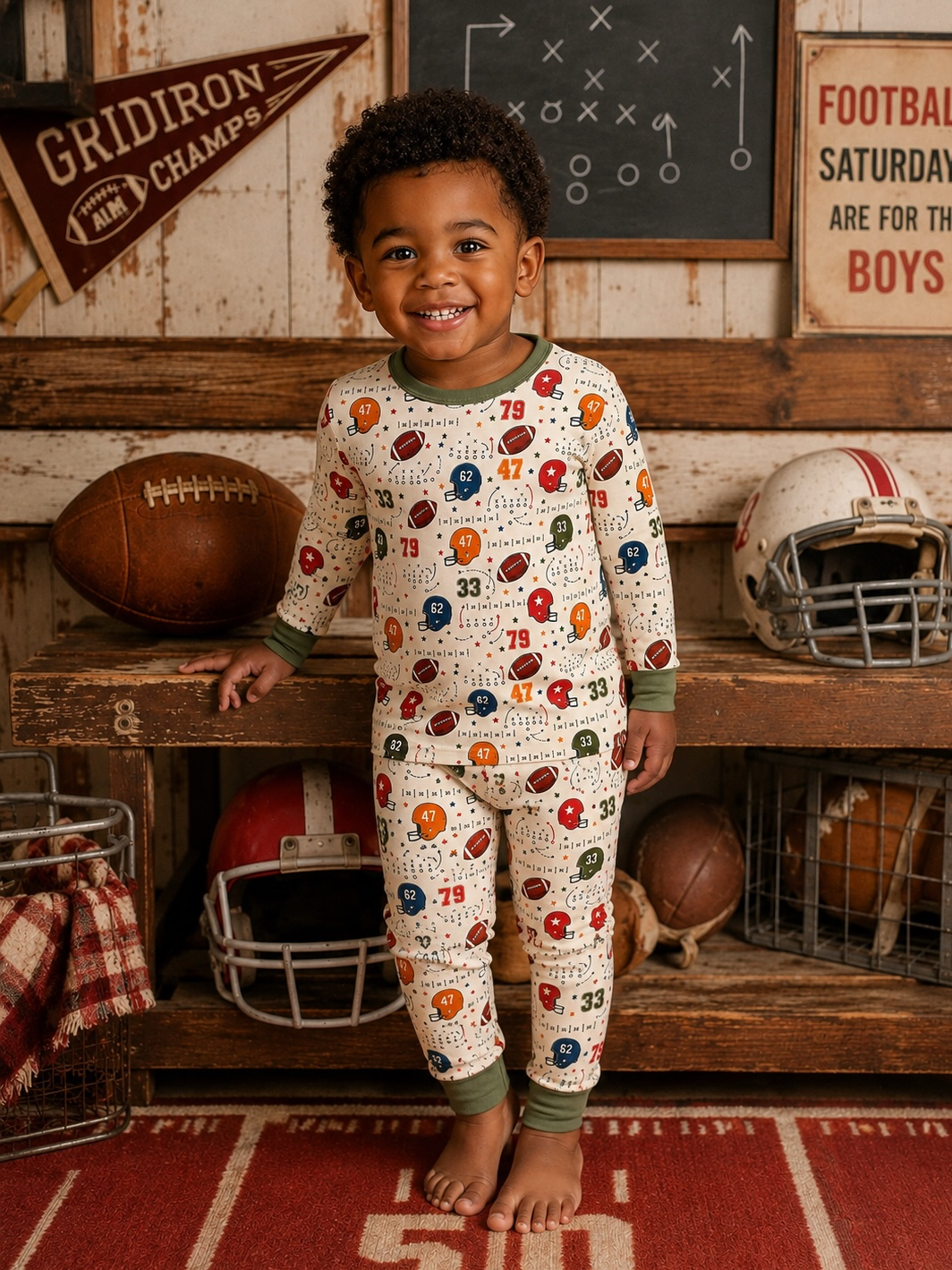 A young boy stands barefoot in a rustic room, wearing a cream-colored long-sleeve pajama top and matching pants covered in a colorful football print. He is posed in front of a wooden bench with football helmets, a football, and sports-themed wall decor.