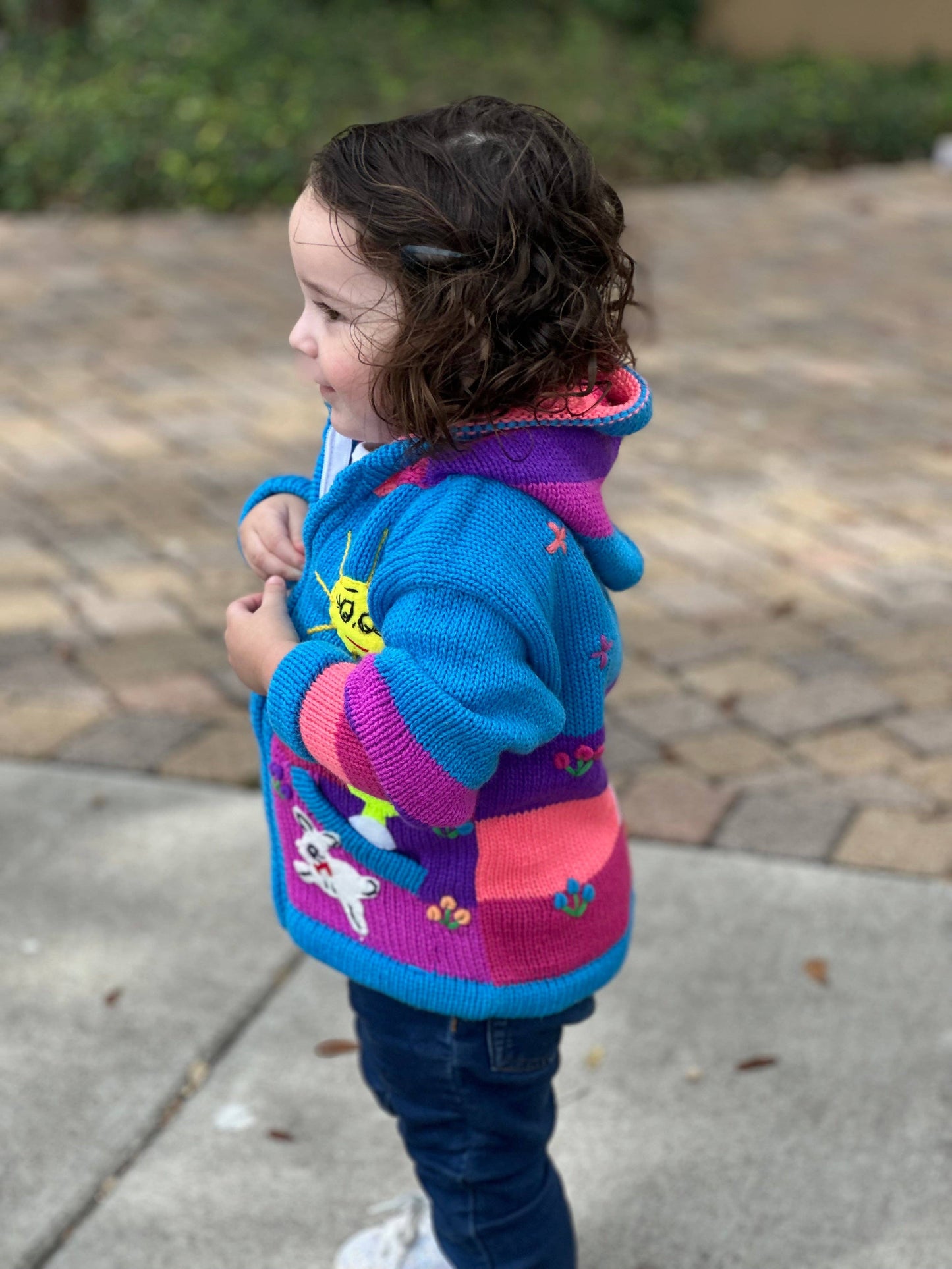 Aqua blue knit cardigan with hood