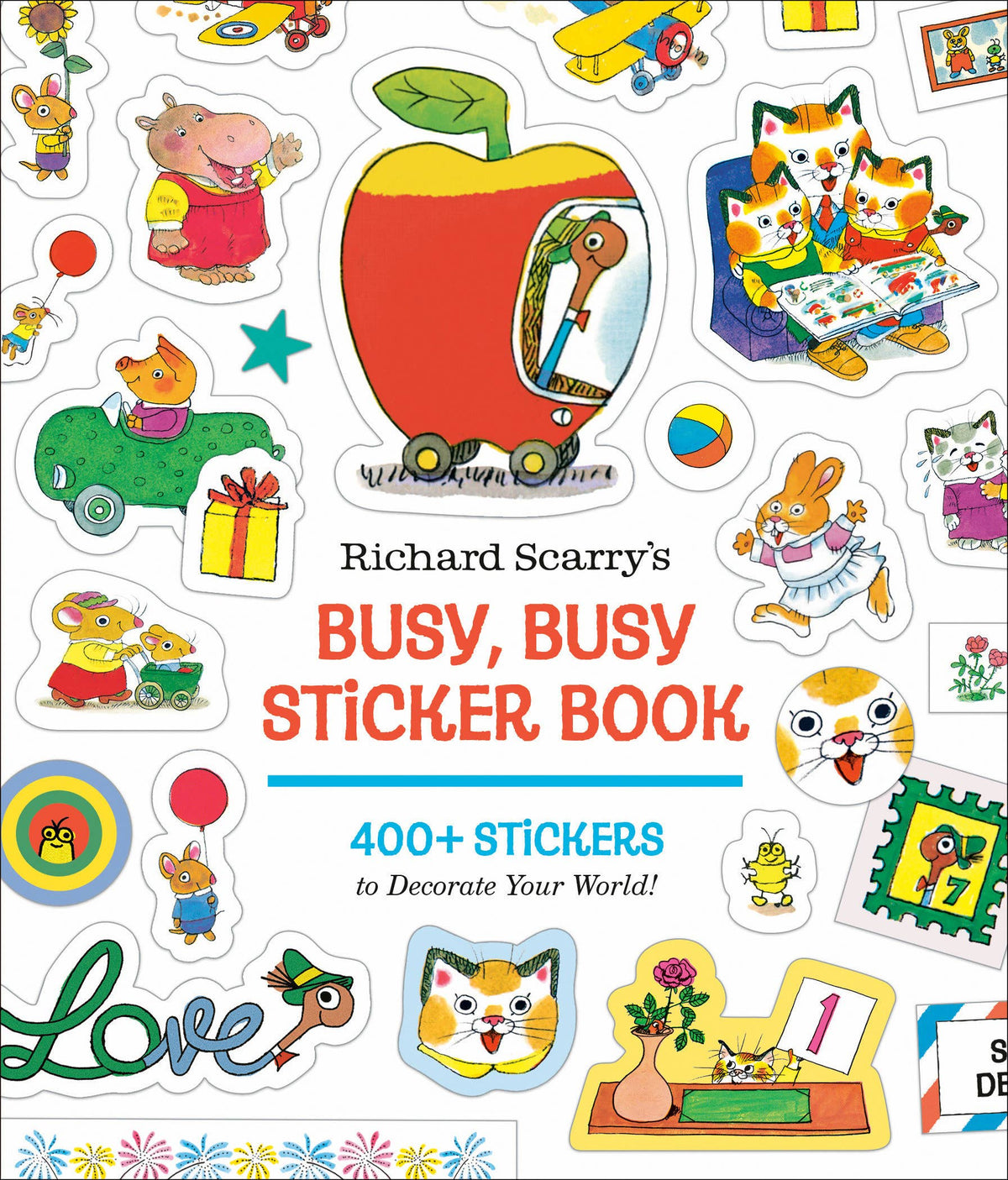 Busy, Busy Sticker Book by Richard Scarry with colorful stickers and characters.