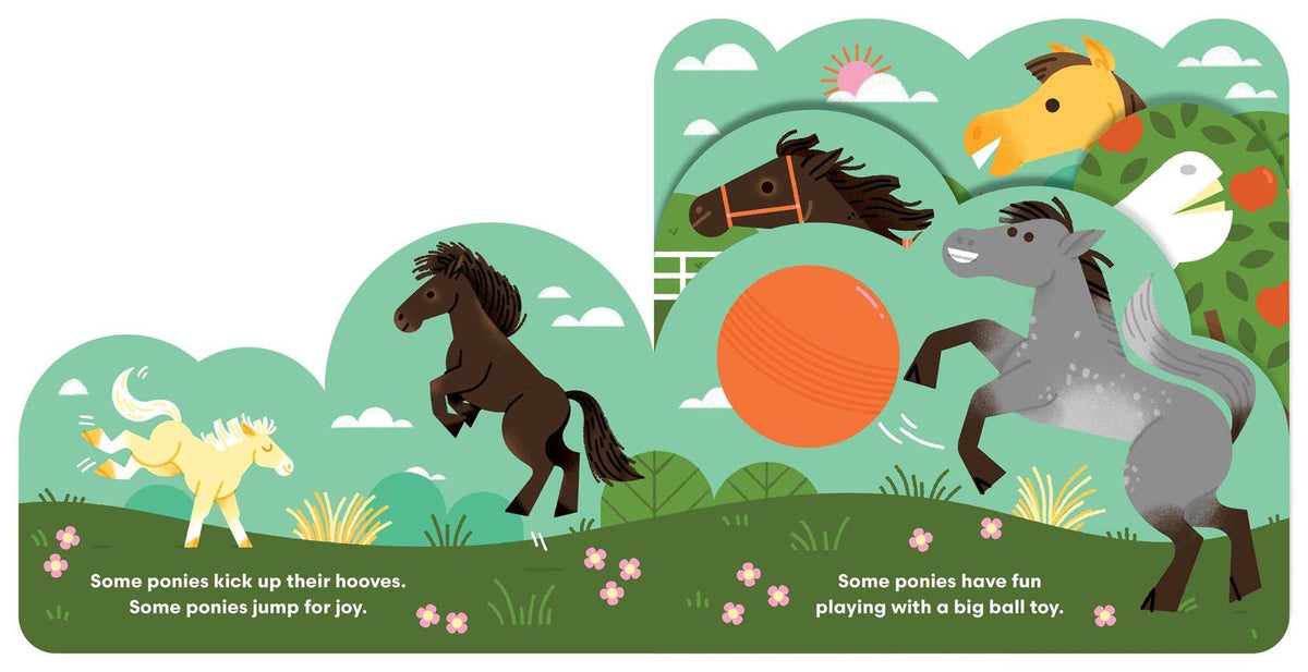 Illustration of ponies playing with a ball toy in a green landscape