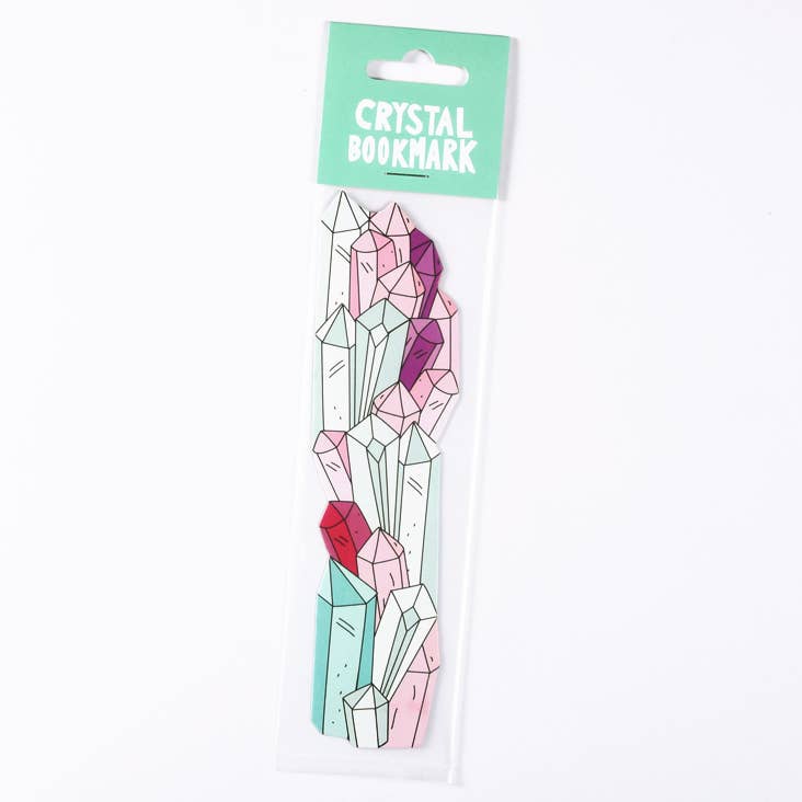 Crystal shaped bookmark in packaging with a green hang tag on a white backghround