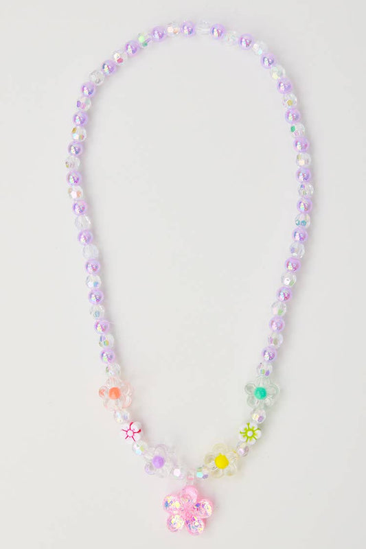 Clear and Purple Bead Flower Necklace