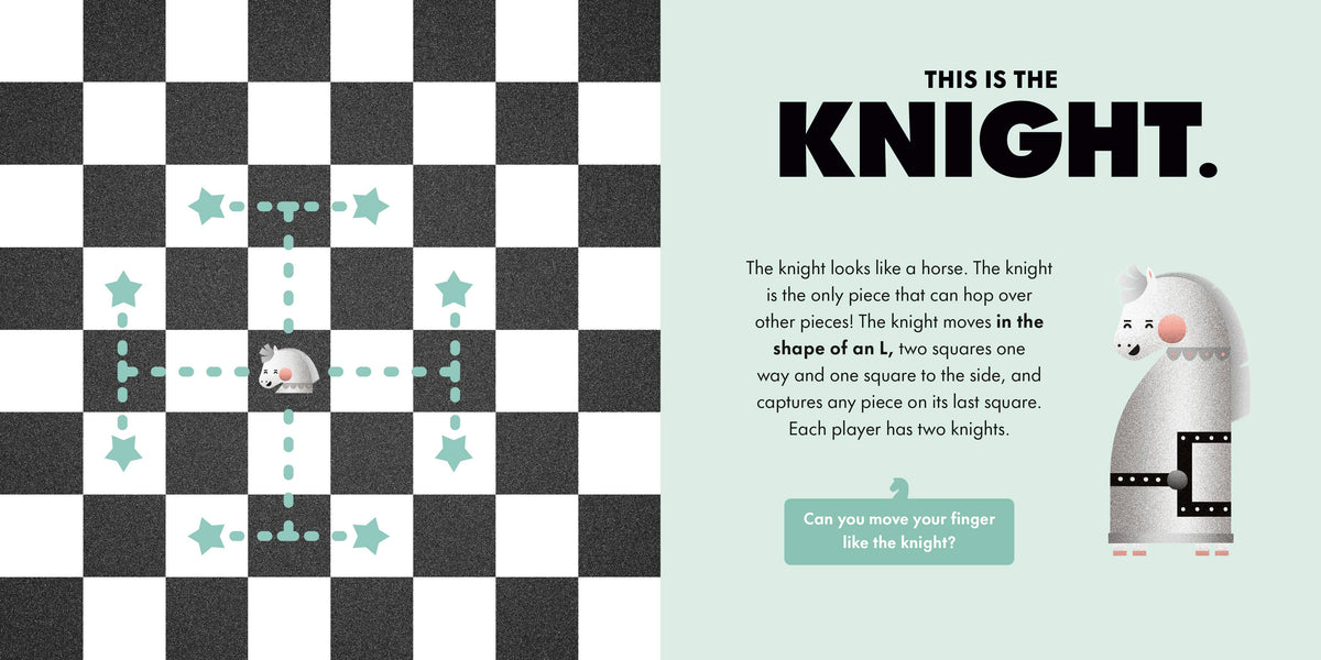 Educational illustration of a knight chess piece on a checkered board with text explaining its movement.