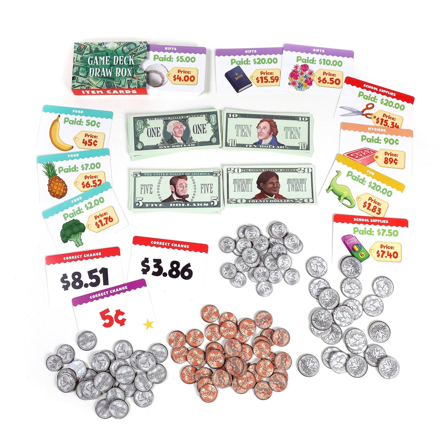 Educational money and trading card set with coins and cards on a white background