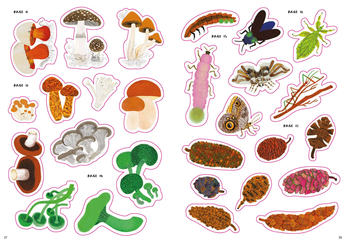 A sheet of educational sticker cutouts featuring various nature and biology illustrations, including different species of mushrooms, a caterpillar, a butterfly, a grasshopper, a beetle, and acorns, each labeled with 'BASE 14'.