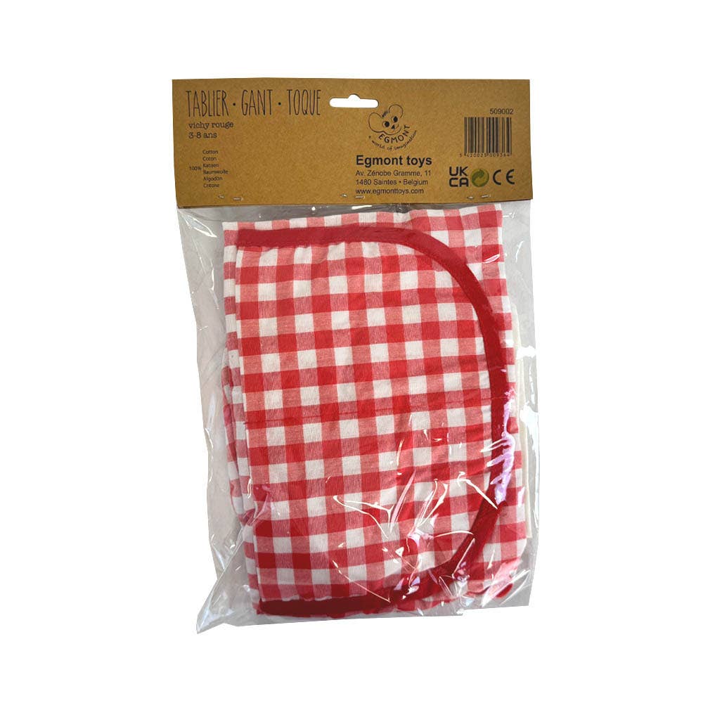 Red and white checkered kitchen costume set in packaging with Egmont Toys label on a white background