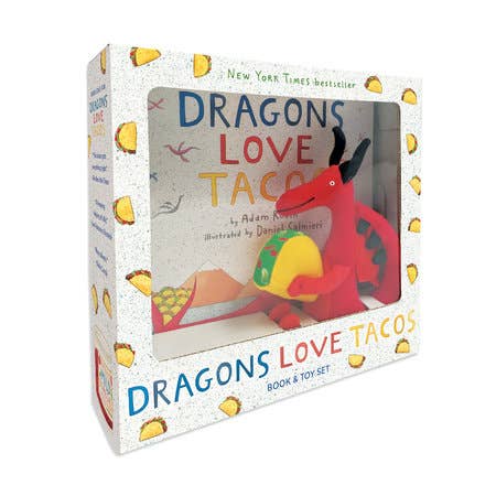 Boxed set of 'Dragons Love Tacos' book and toy on a white background