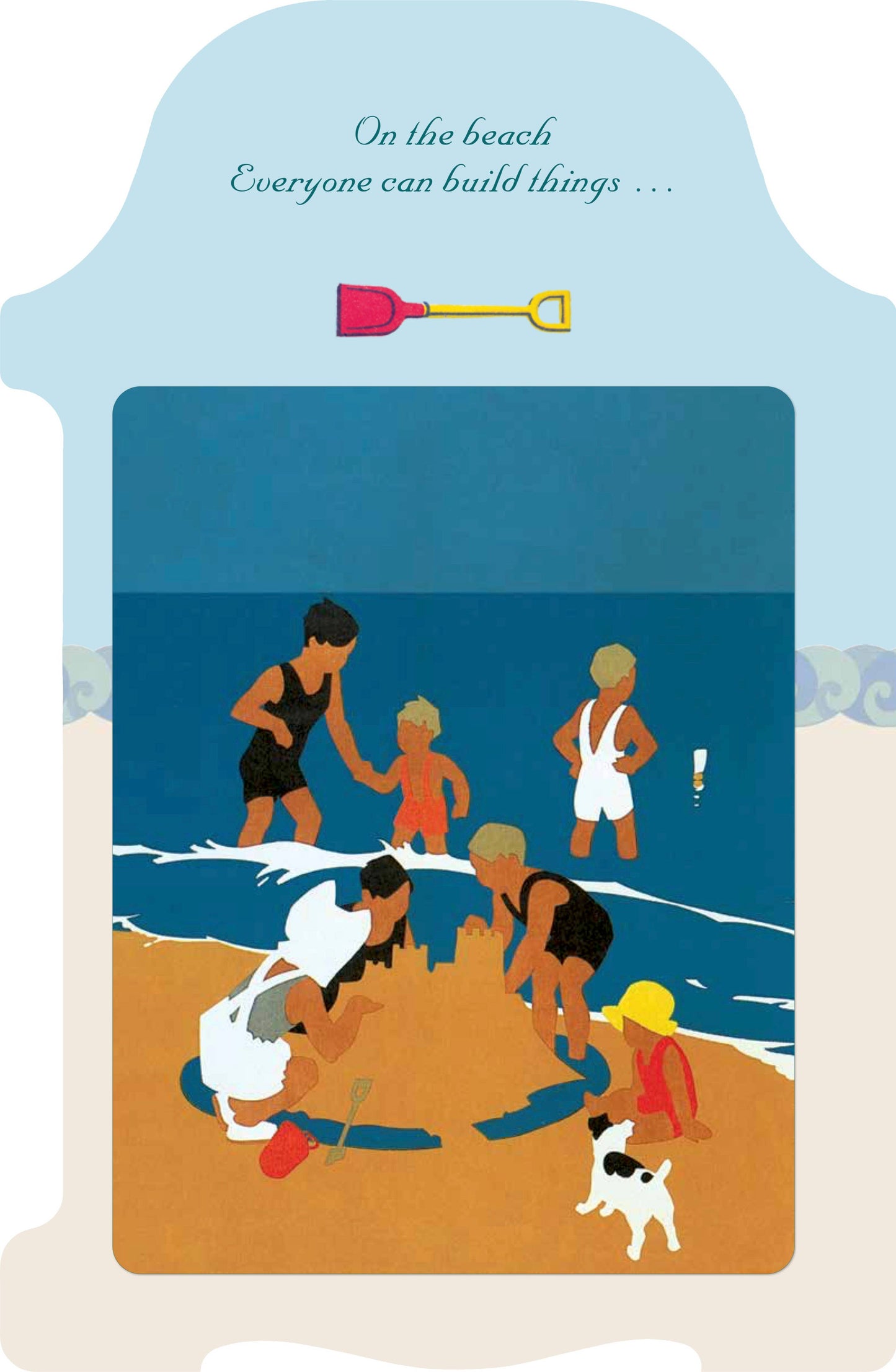 Illustration of children playing on a beach with a dog, surrounded by sandcastles and ocean.