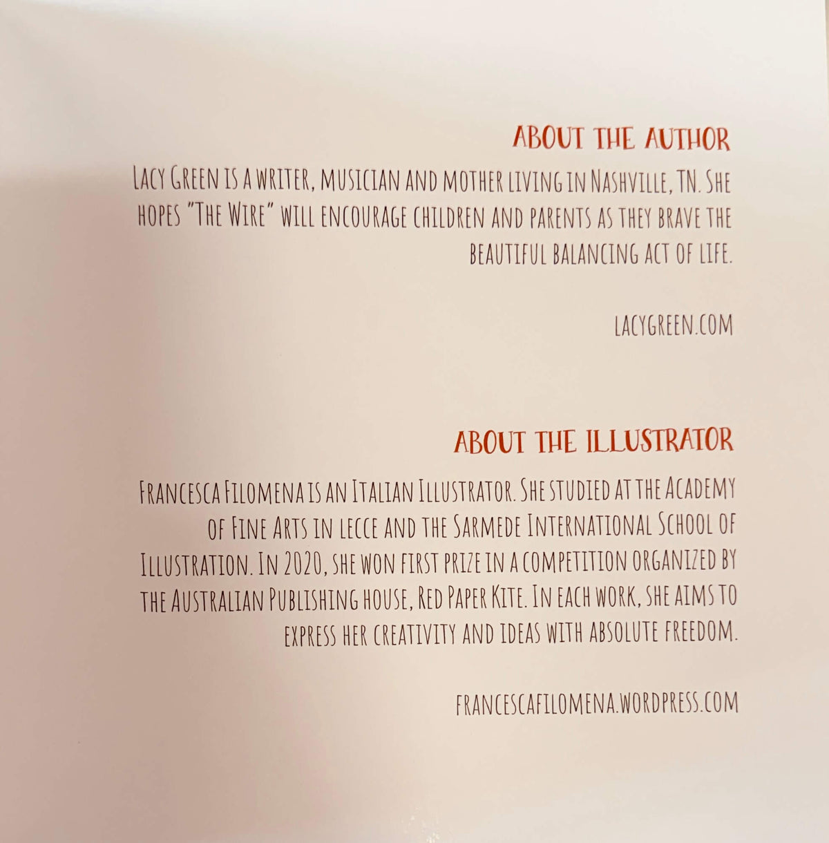 A close-up of a printed page with biographical text about the author and illustrator, including names Lacy Green and Francesca Filomena, on a warm off-white background.