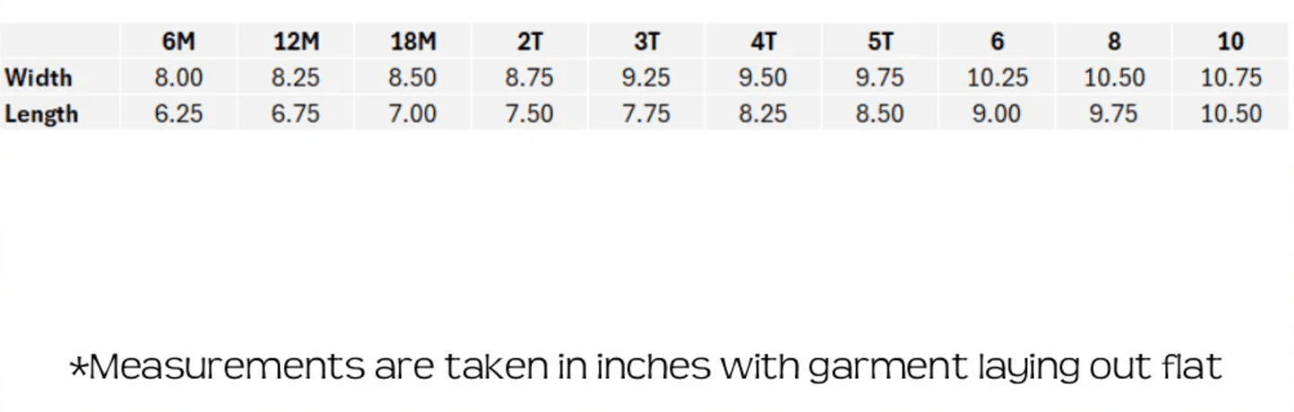 Measurement chart for children's clothing sizes in inches