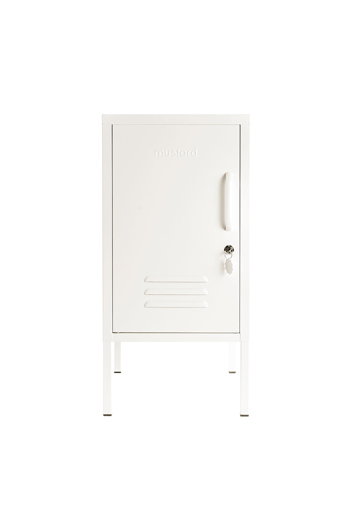 White metal cabinet with a handle on a white background