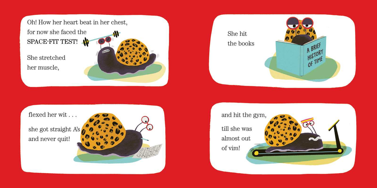 Comic strip with a snail character facing a space test, hitting books, and flexing wit on a red background.