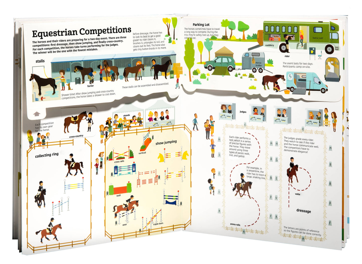 Book displaying illustrations of equestrian competitions.