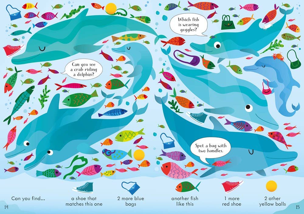 Illustration of dolphins and various sea creatures with text prompts on a blue background.