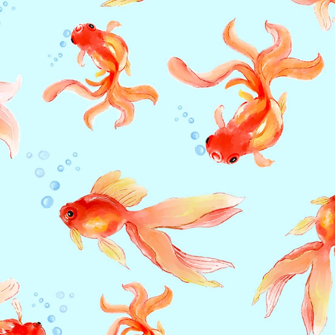 Pattern of orange and yellow goldfish on a light blue background
